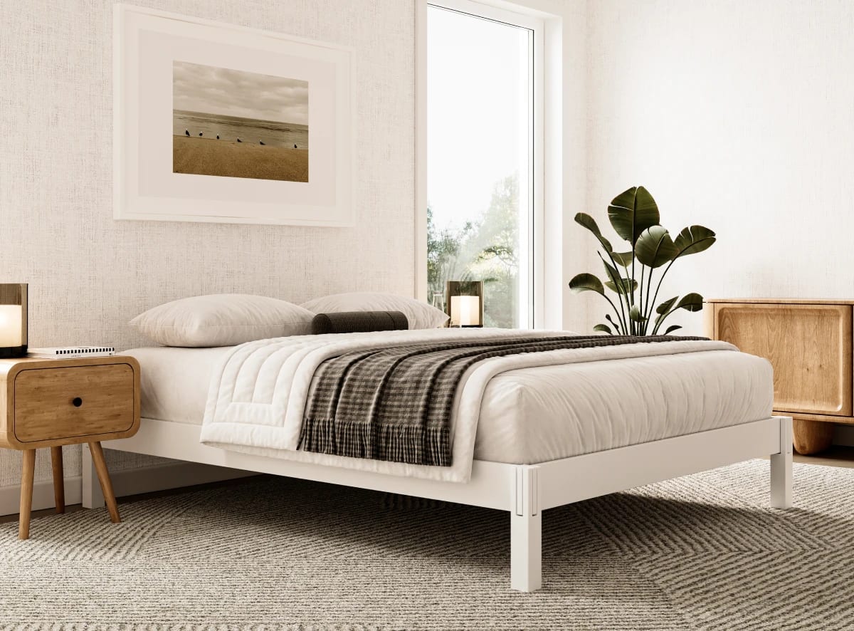 A rendered image of the Madison Bed Frame in a bedroom scene