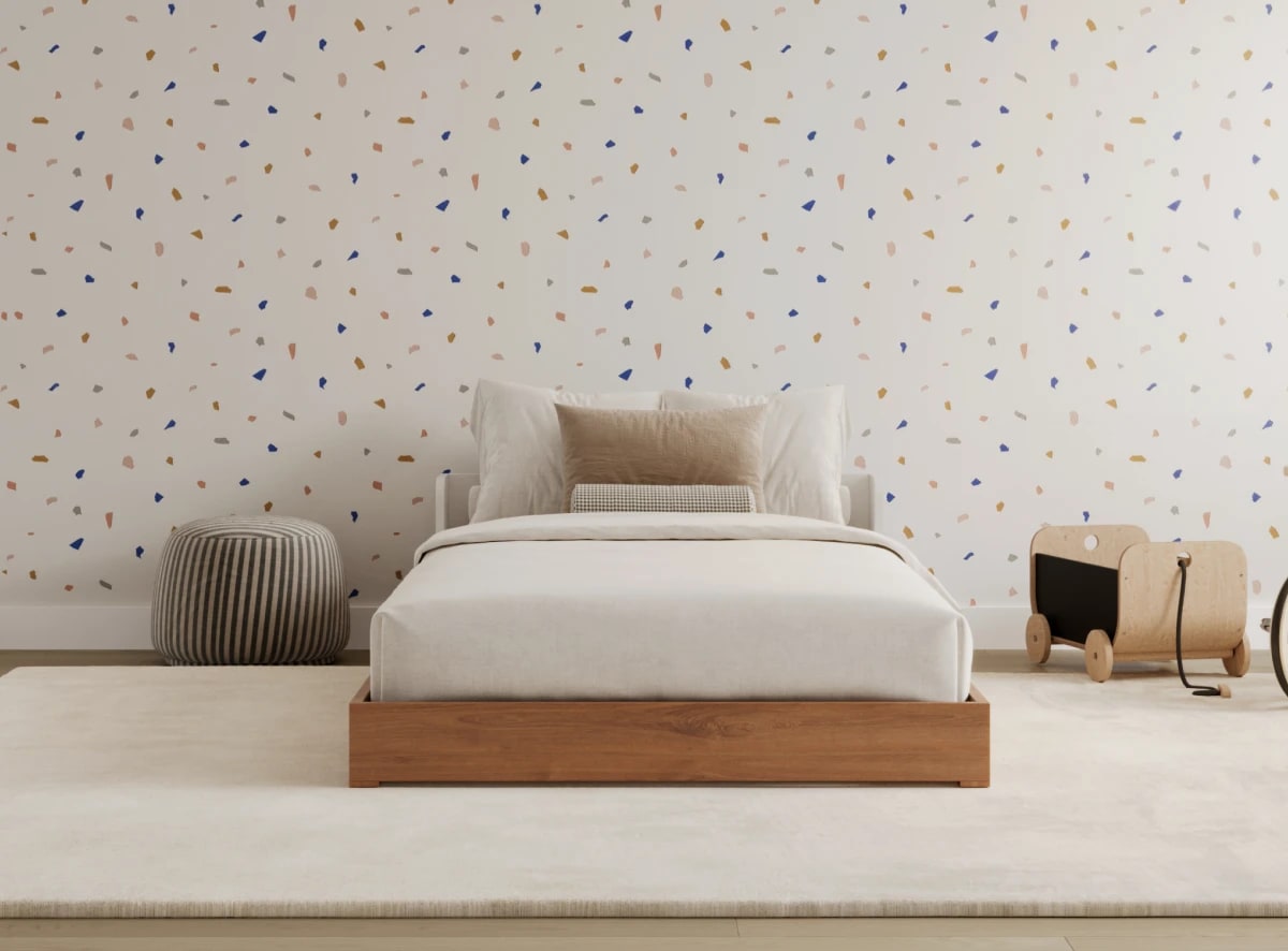 A rendered image of the Bryant Toddler Floor Bed in a kids bedroom scene