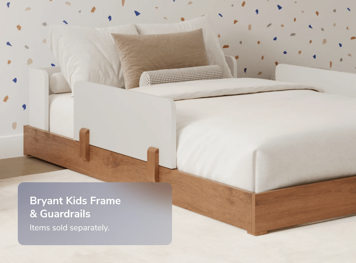 A rendered image of the Bryant Toddler Floor Bed with a callout that the Frame and Guardrails are sold separately