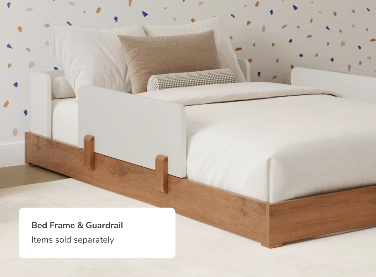 A rendered image of the Bryant Toddler Floor Bed with a callout that the Frame and Guardrails are sold separately