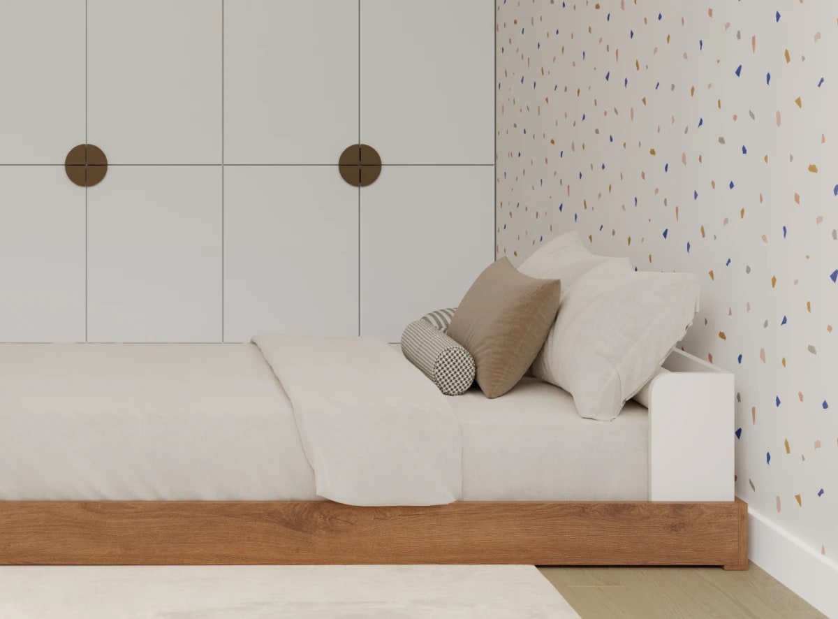 A rendered image of the Bryant Toddler Floor Bed in a kids bedroom scene