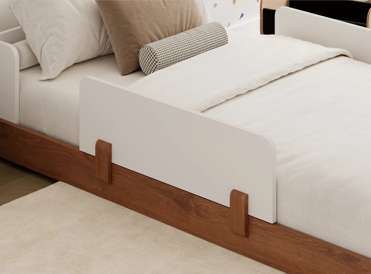 A rendered image of the Bryant Toddler Floor Bed in a kids bedroom scene
