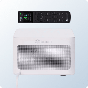 A product image of the BedJet on a blue background gradient