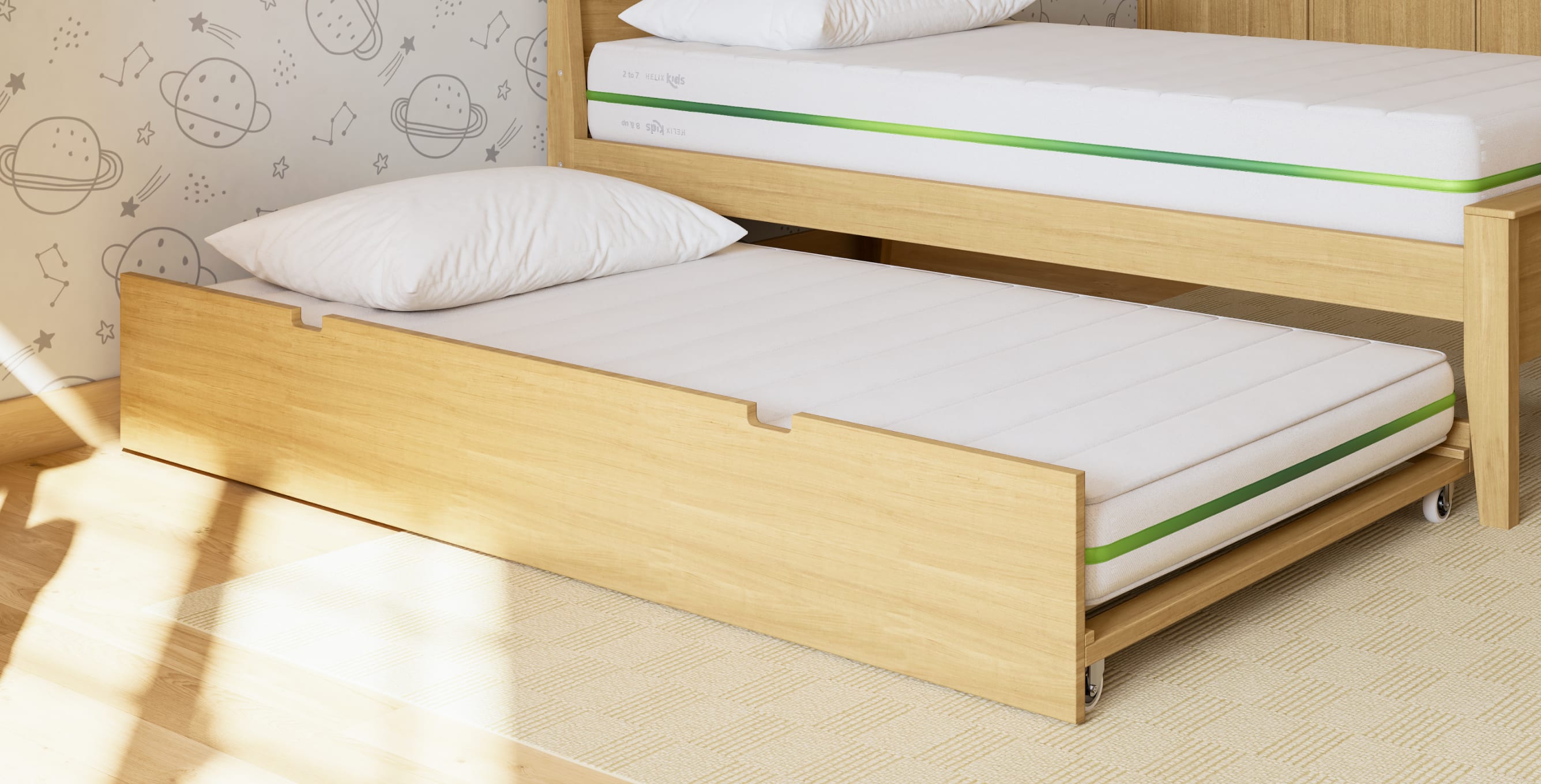 A rendered image showing the Helix Trundle mattress on a trundle bed