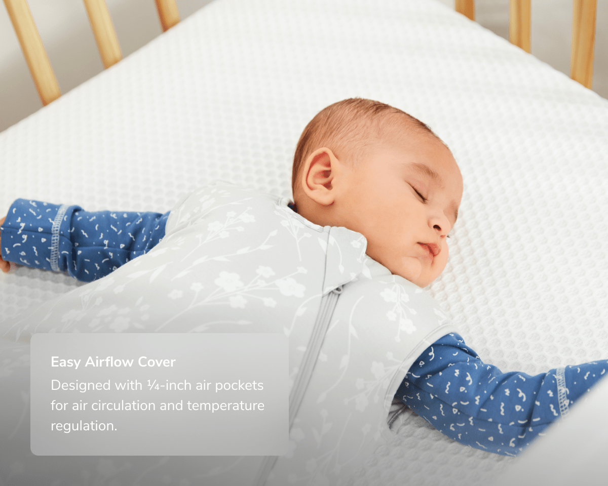 A image of the Helix Crib mattress with a callout to its breathe through cover