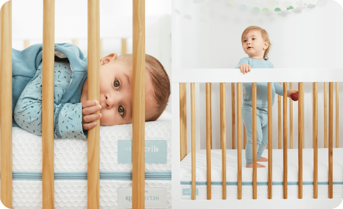 An image of the Helix Crib mattress showing a baby in a crib
