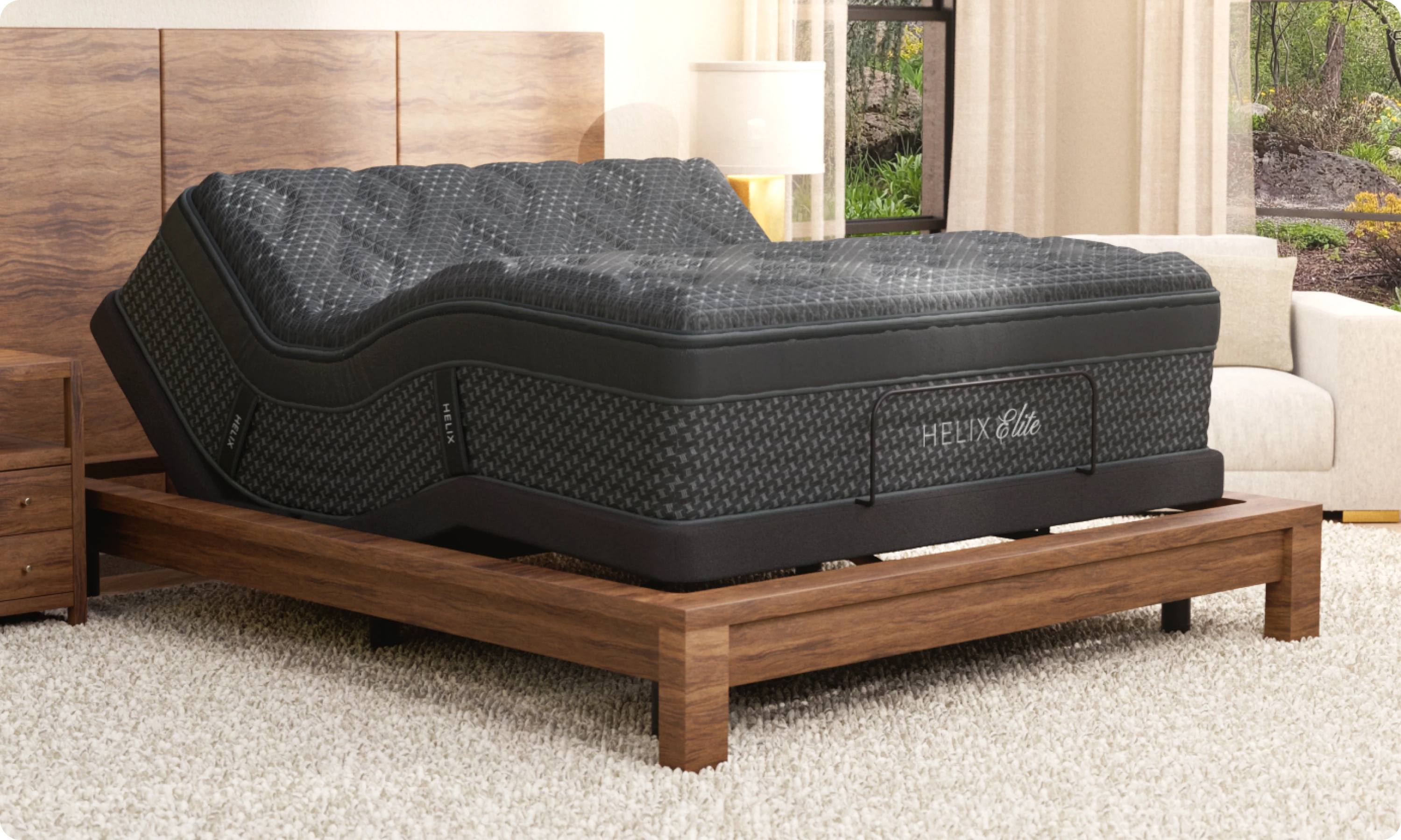 A rendered image showing the Helix Elite mattress on a Helix Elite Adjustable Base