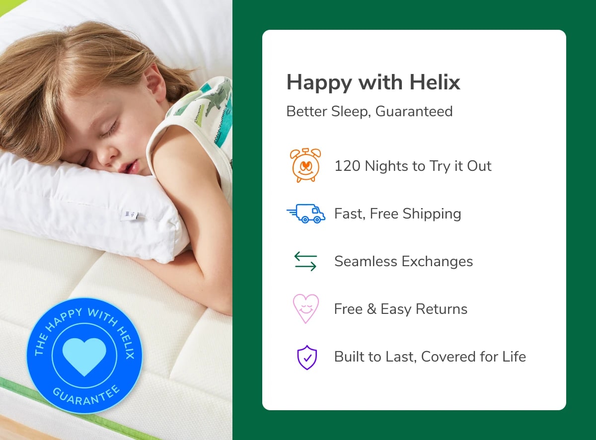 An image of the Helix Kids mattress with a callout to the Happy with Helix free returns guarantee