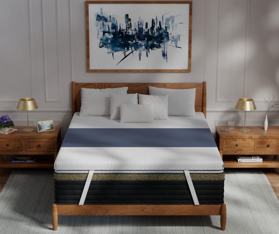 A rendered image of the ErgoAlign Mattress Topper in a bedroom scene