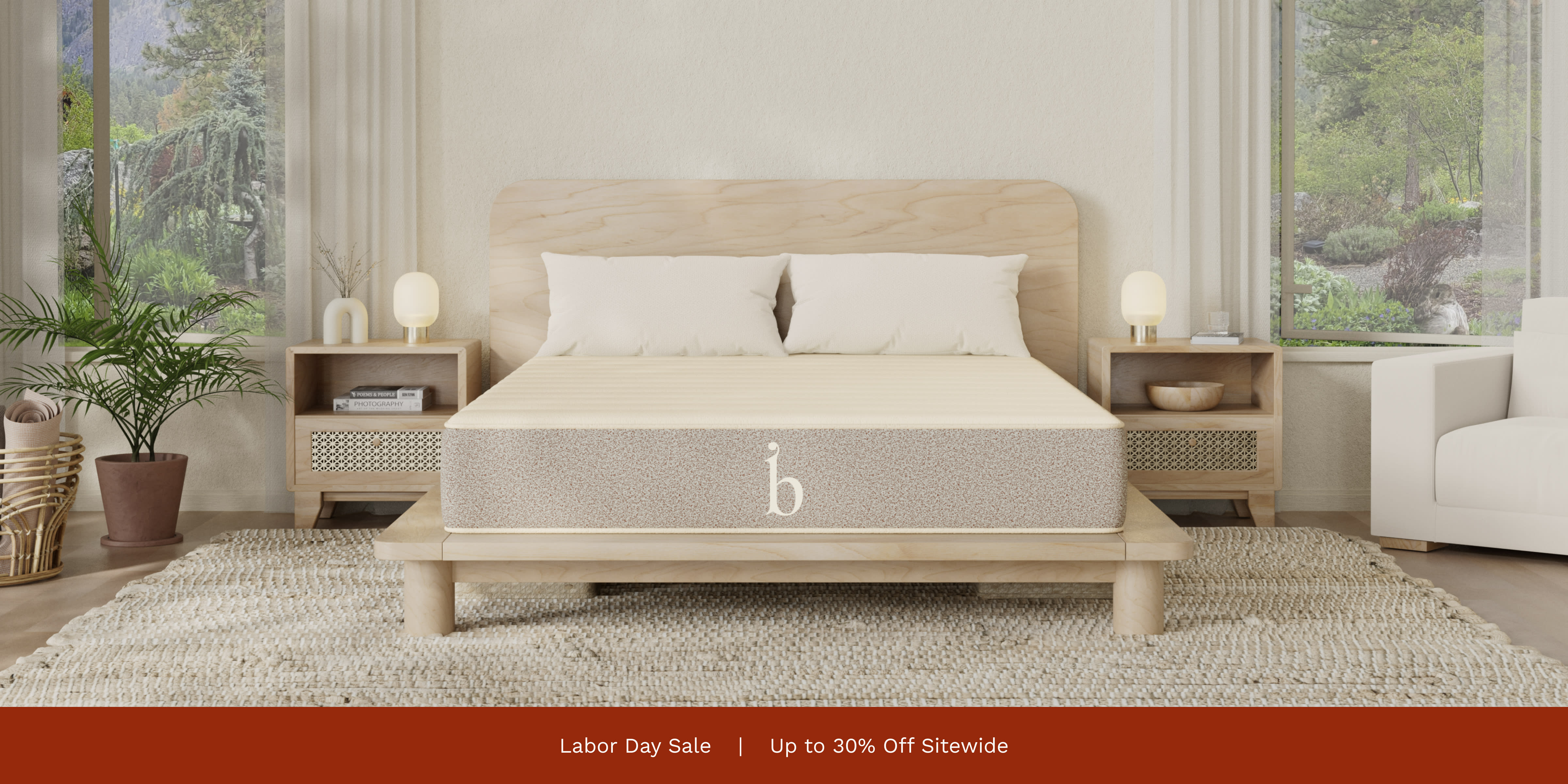A rendered image of the Birch Natural Mattress with a callout to get up to 30% off sitewide