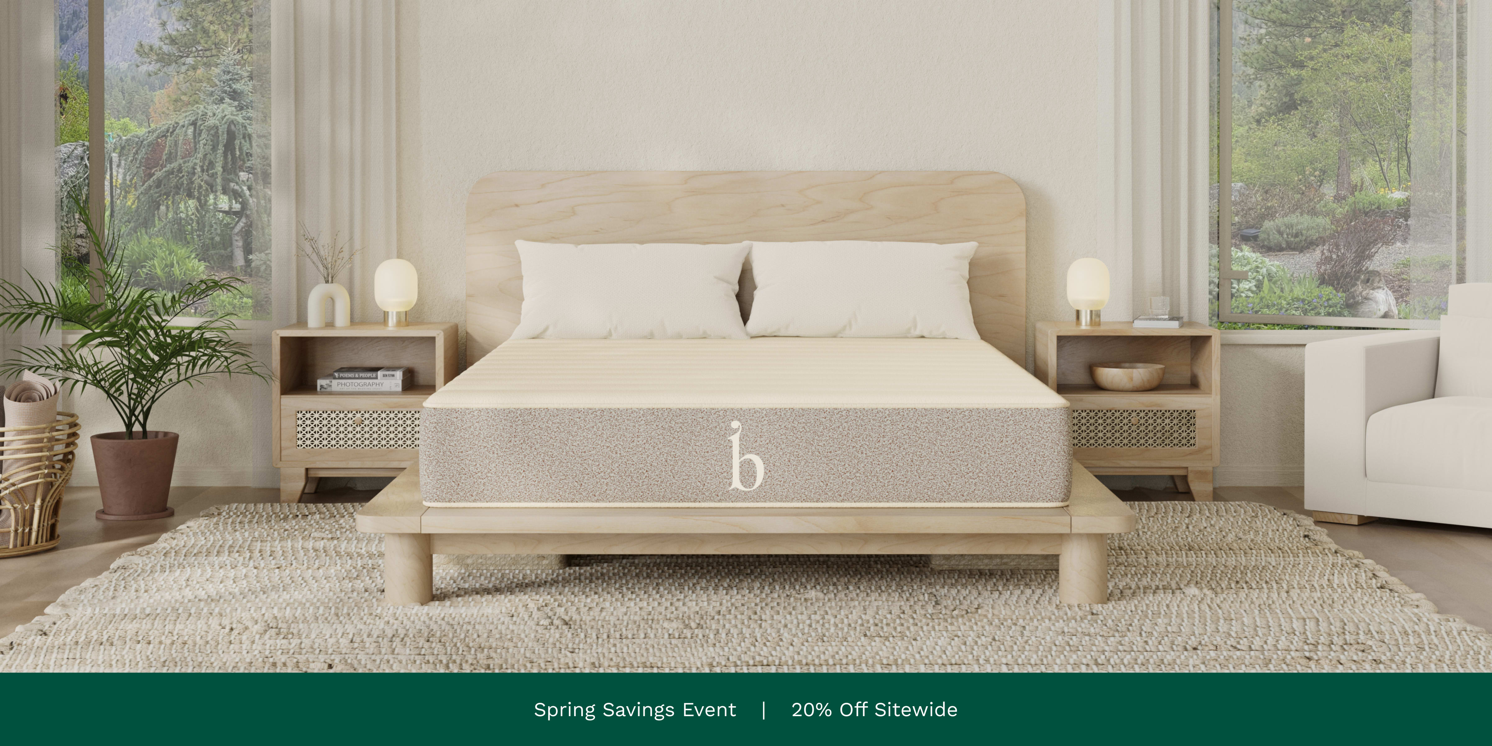 A rendered image of the Birch mattress with a callout to 20% off your order with code SPRING20