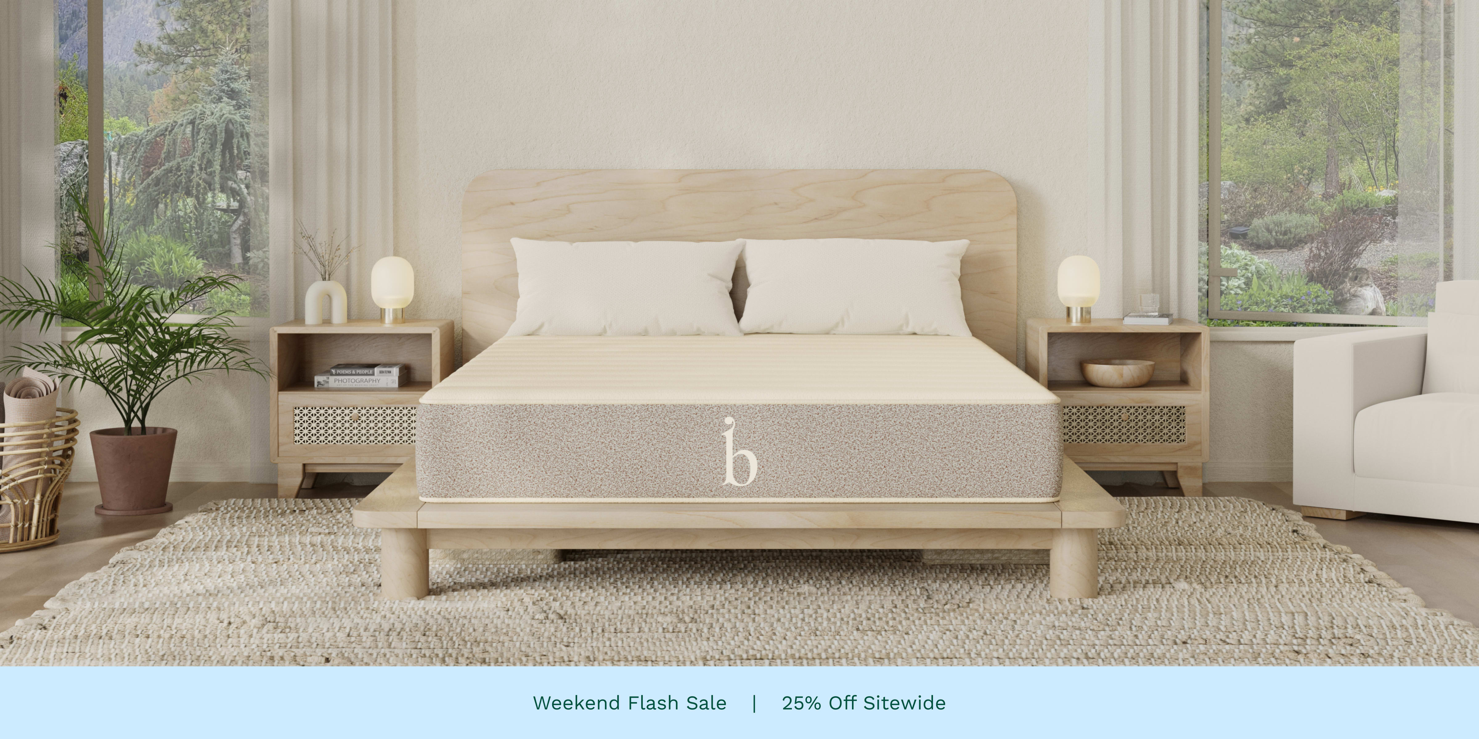 A rendered image of the Birch mattress with a callout to 25% off your order with code WKFLSH25