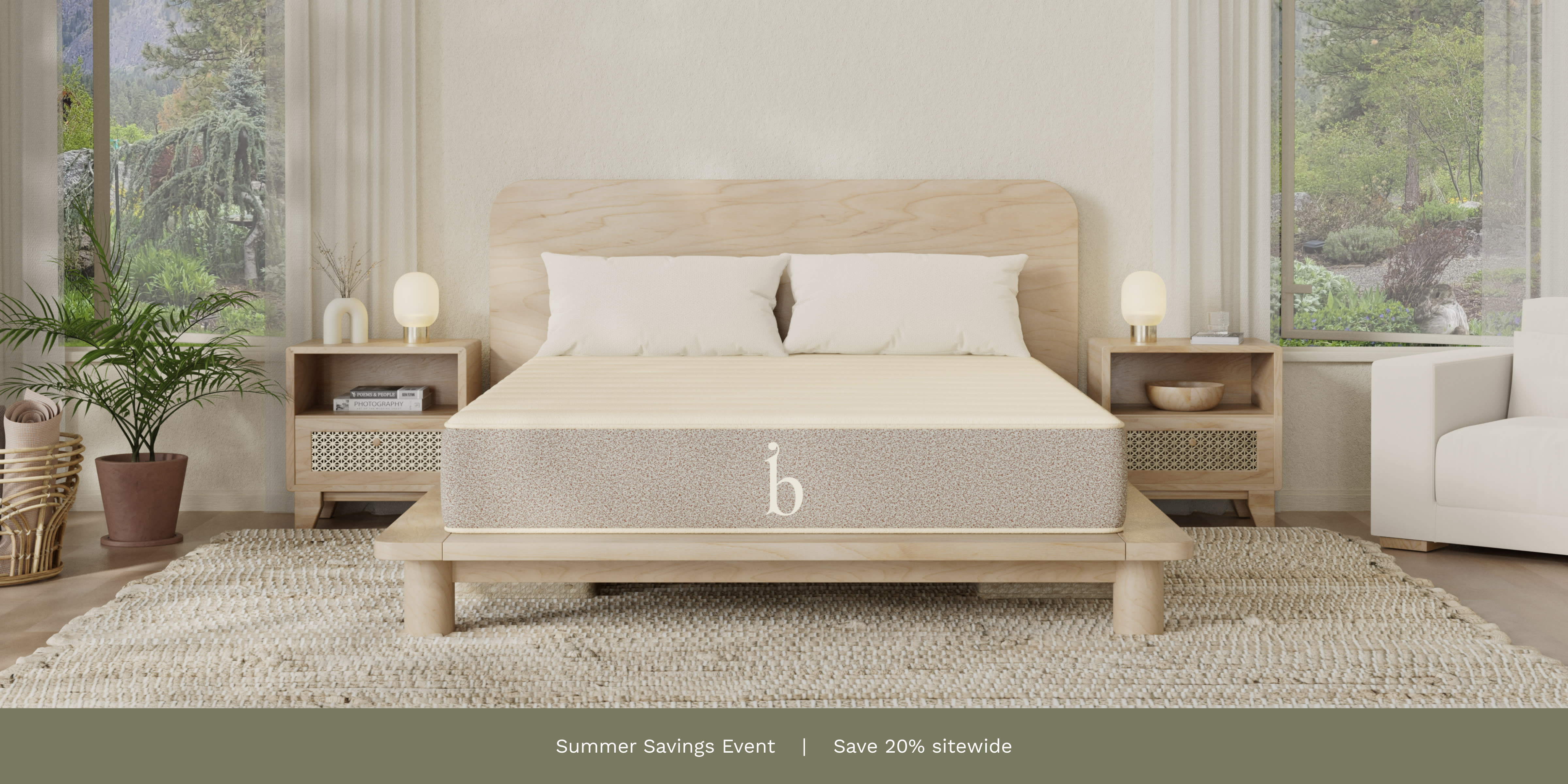 An image of the Birch Natural Mattress with a callout to save 20% sitewide with code SUMMER20