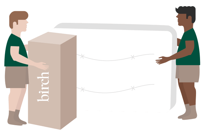 Illustration of people carrying away an old mattress and bringing in a new Birch mattress