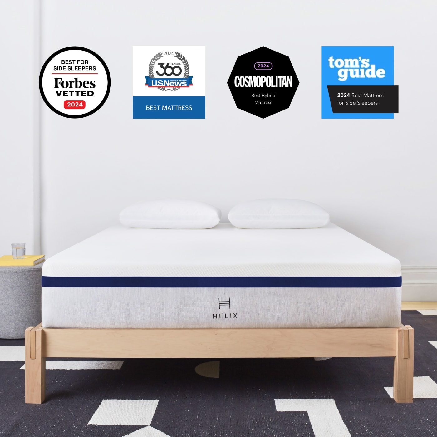 MIdnight Core Mattress on bed frame with badge accolades overlaid