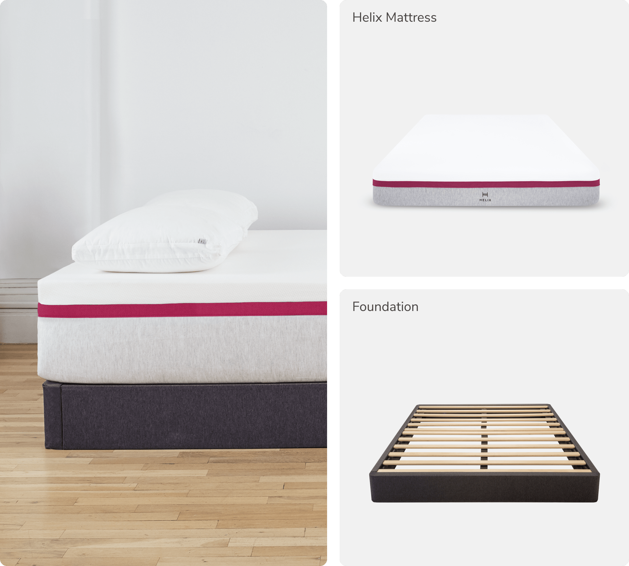 Collage of Helix Luxe Dusk Mattress, and Foundation