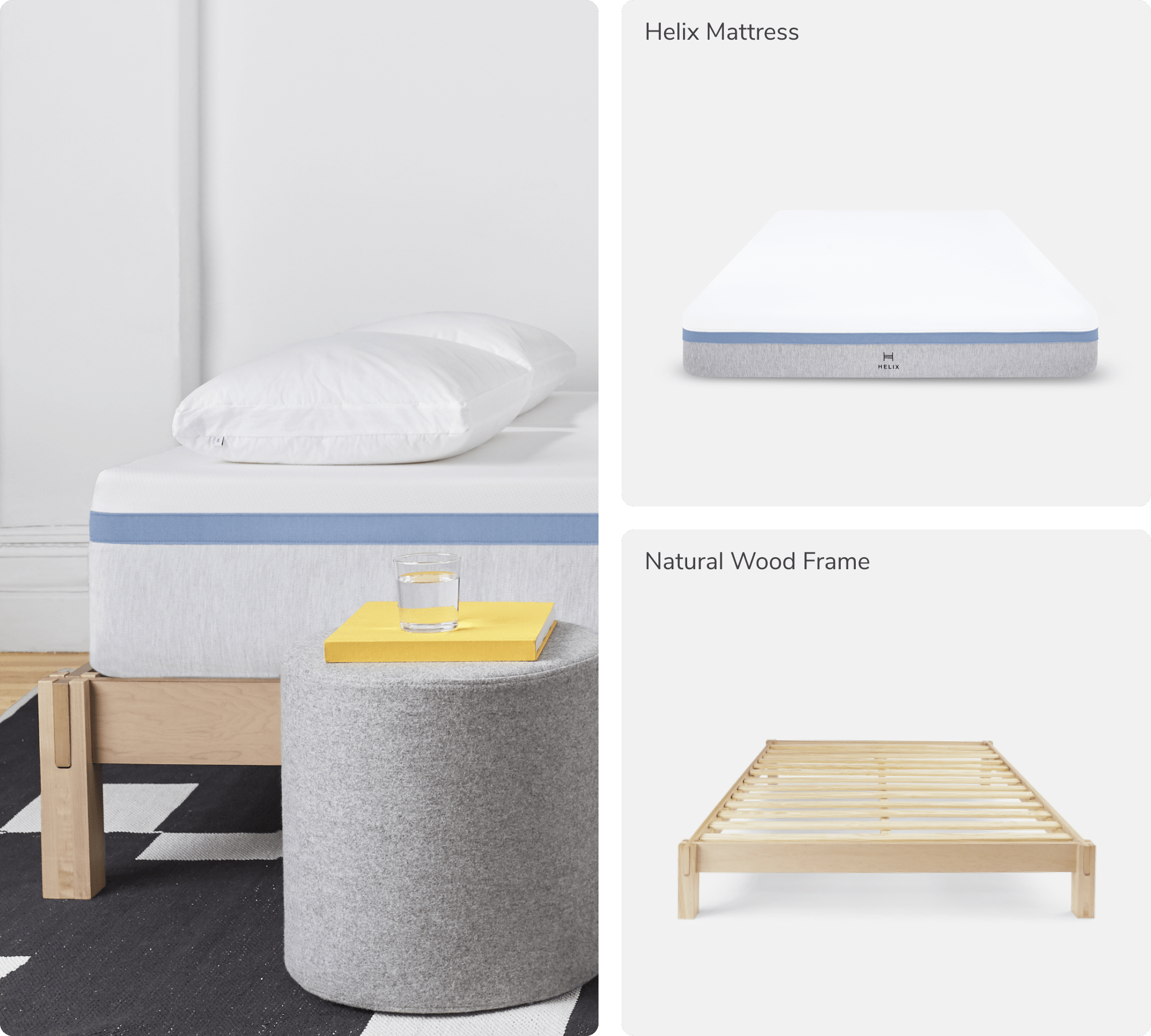 Collage of Helix Luxe Moonlight Mattress, and Natural Wood Frame