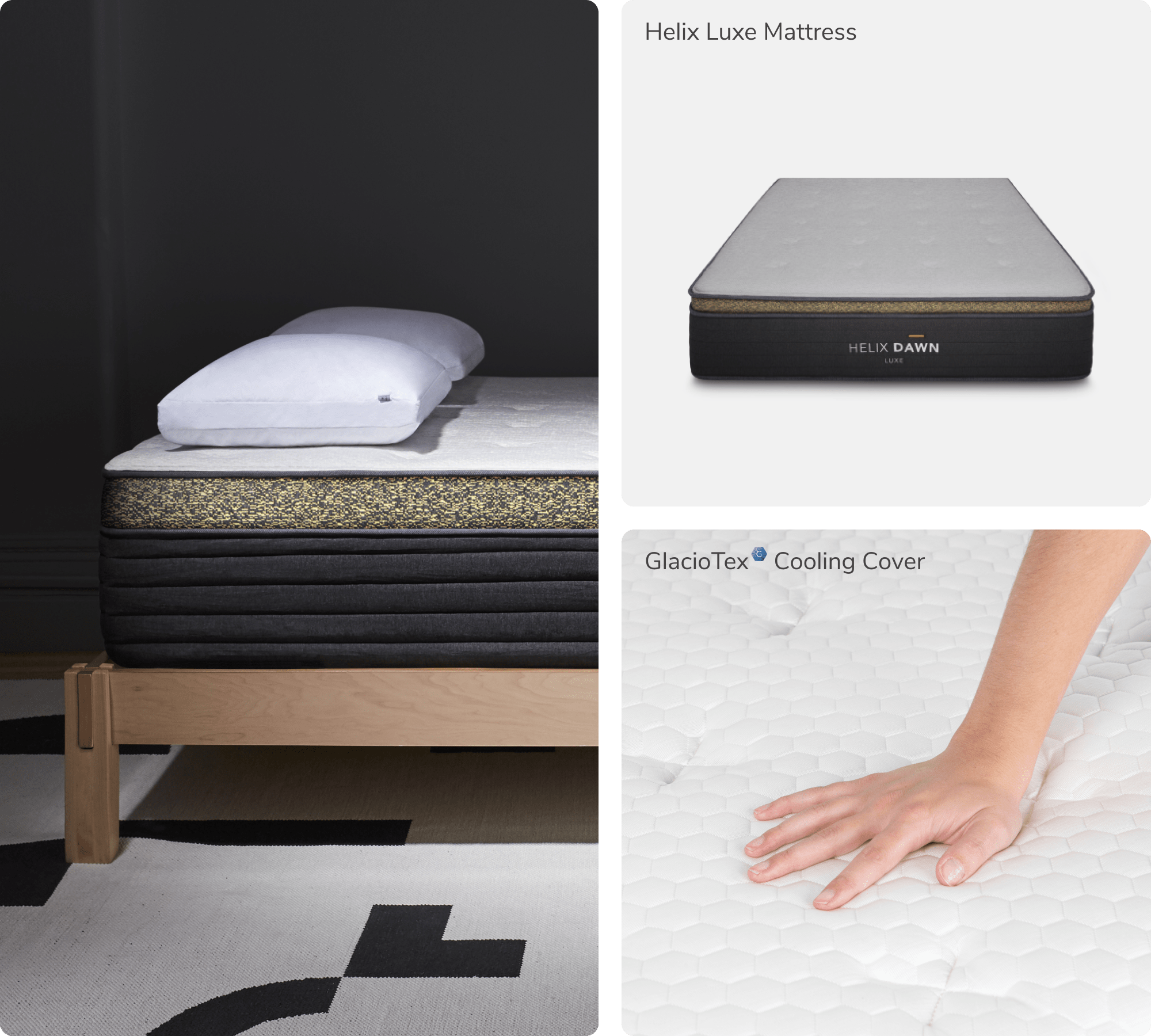 Collage of Helix Luxe Dawn Mattress, and GlacioTex Cooling Cover