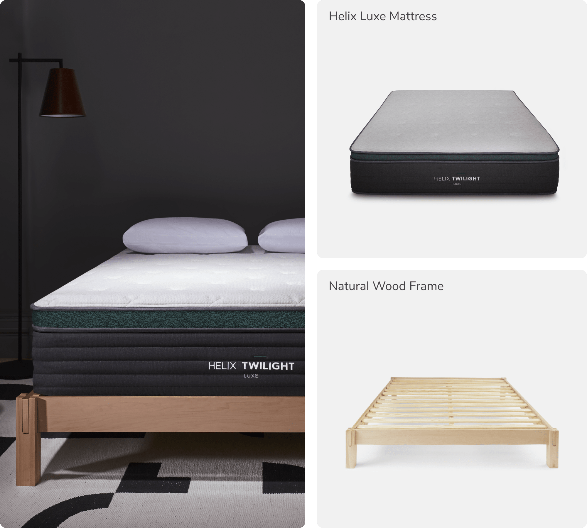 Collage of Helix Luxe Twilight Mattress, and Natural Wood Frame