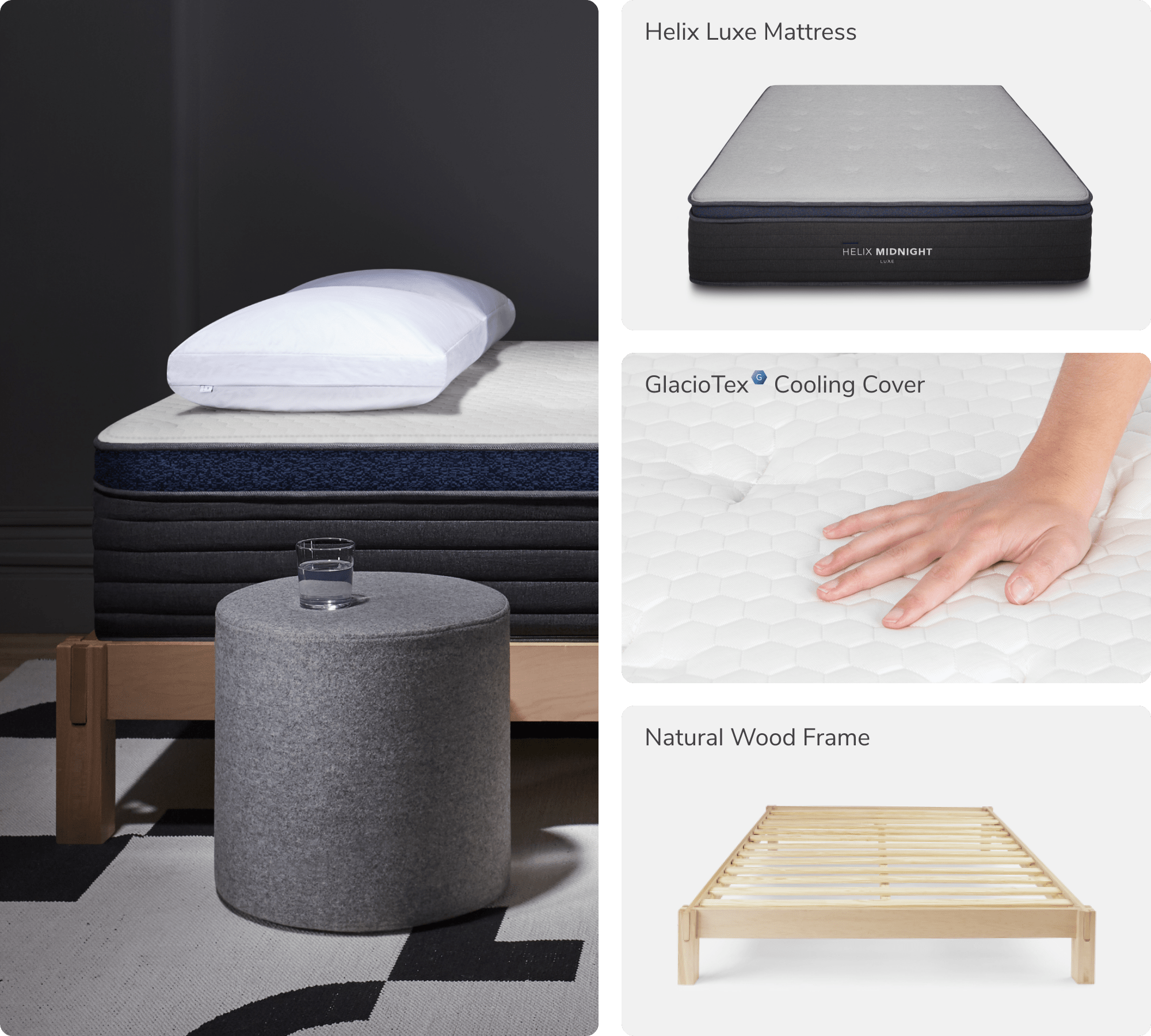 collage of Helix Luxe Midnight Mattress, GlacioTex Cover, and Natural Wood Frame