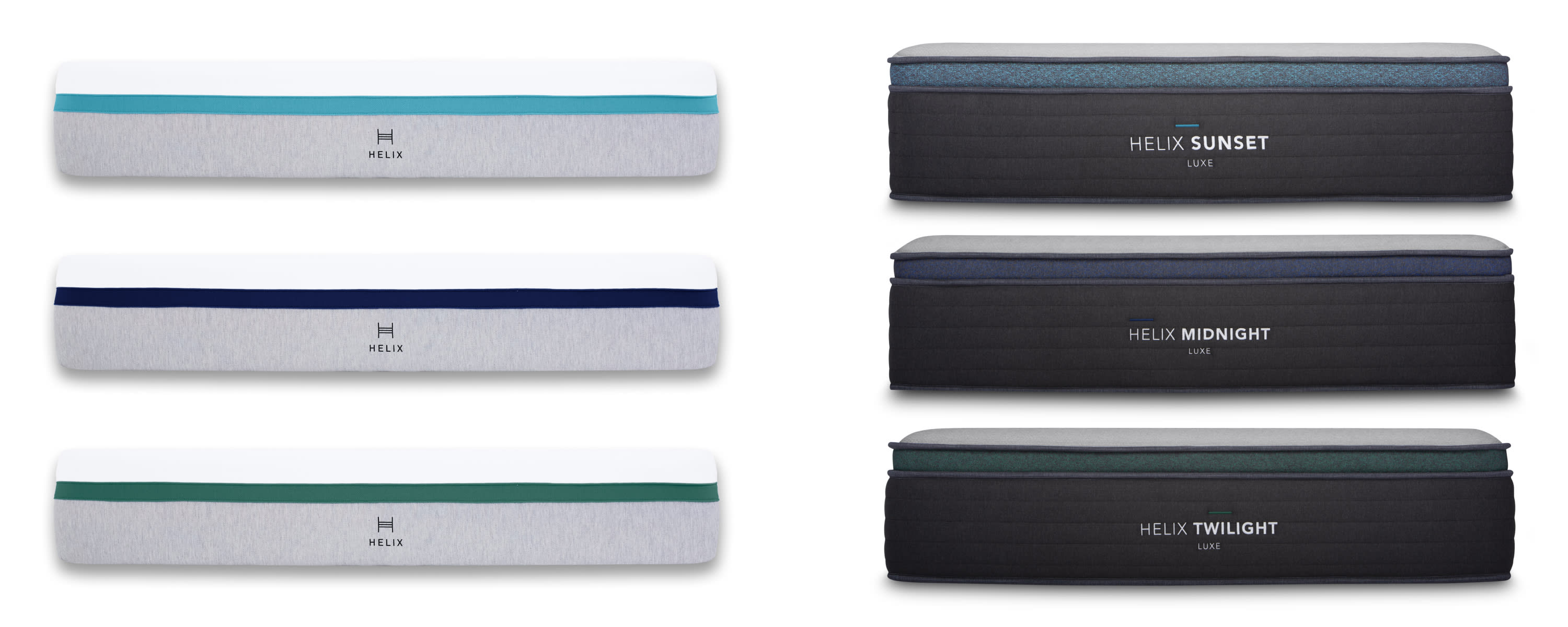 Stacked Helix mattress, in order left to right, Sunset, Luxe Sunset, Midnight, Luxe Midnight, Twilight, Luxe Twilight