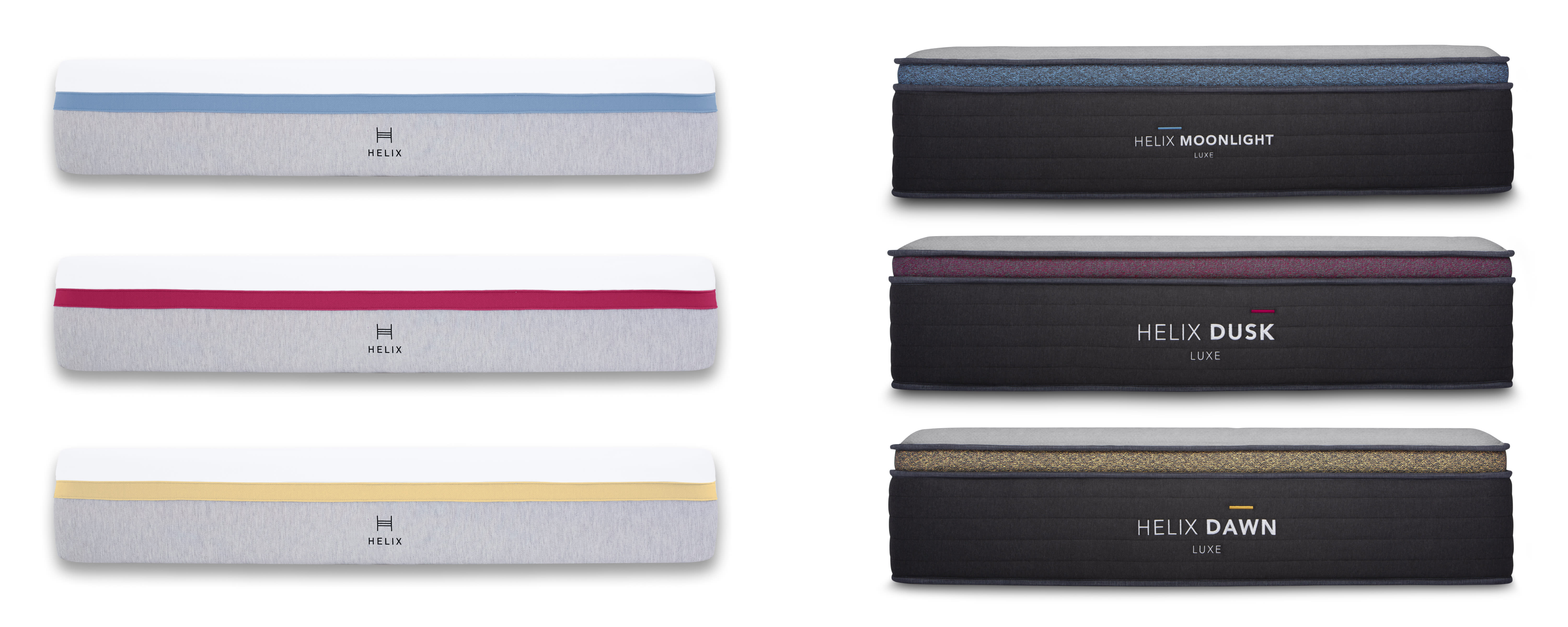 Stacked Helix mattress, in order left to right, Moonlight, Luxe Moonlight, Dusk, Luxe Dusk, Dawn, Luxe Dawn