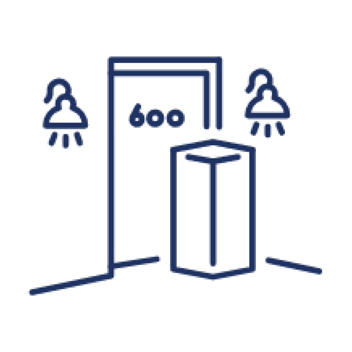 Dark blue mattress box at door icon