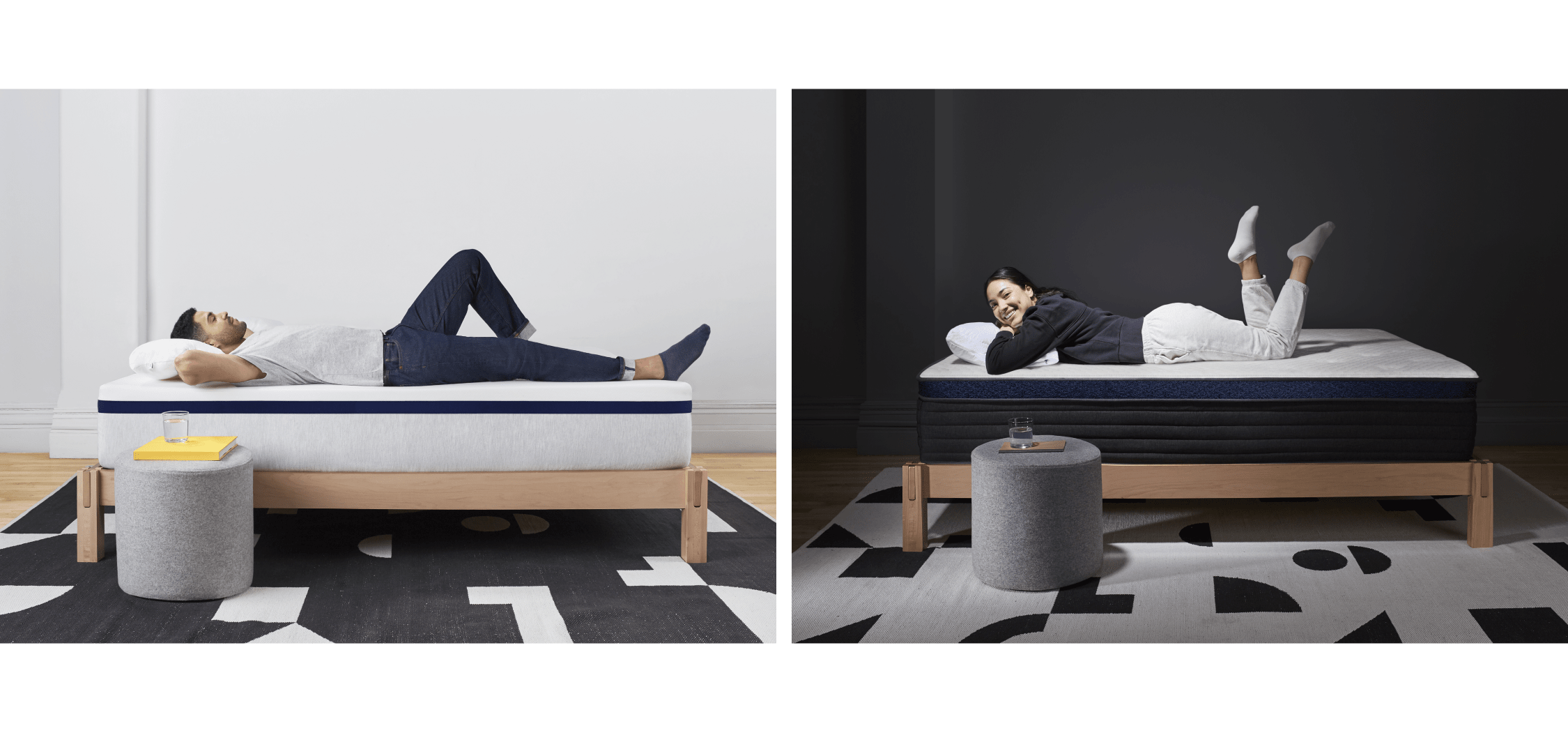 two images side by side, the left is a man laying on his back on a helix midnight standard mattress, the right is a woman laying on her stomach on a helix midnight luxe mattress