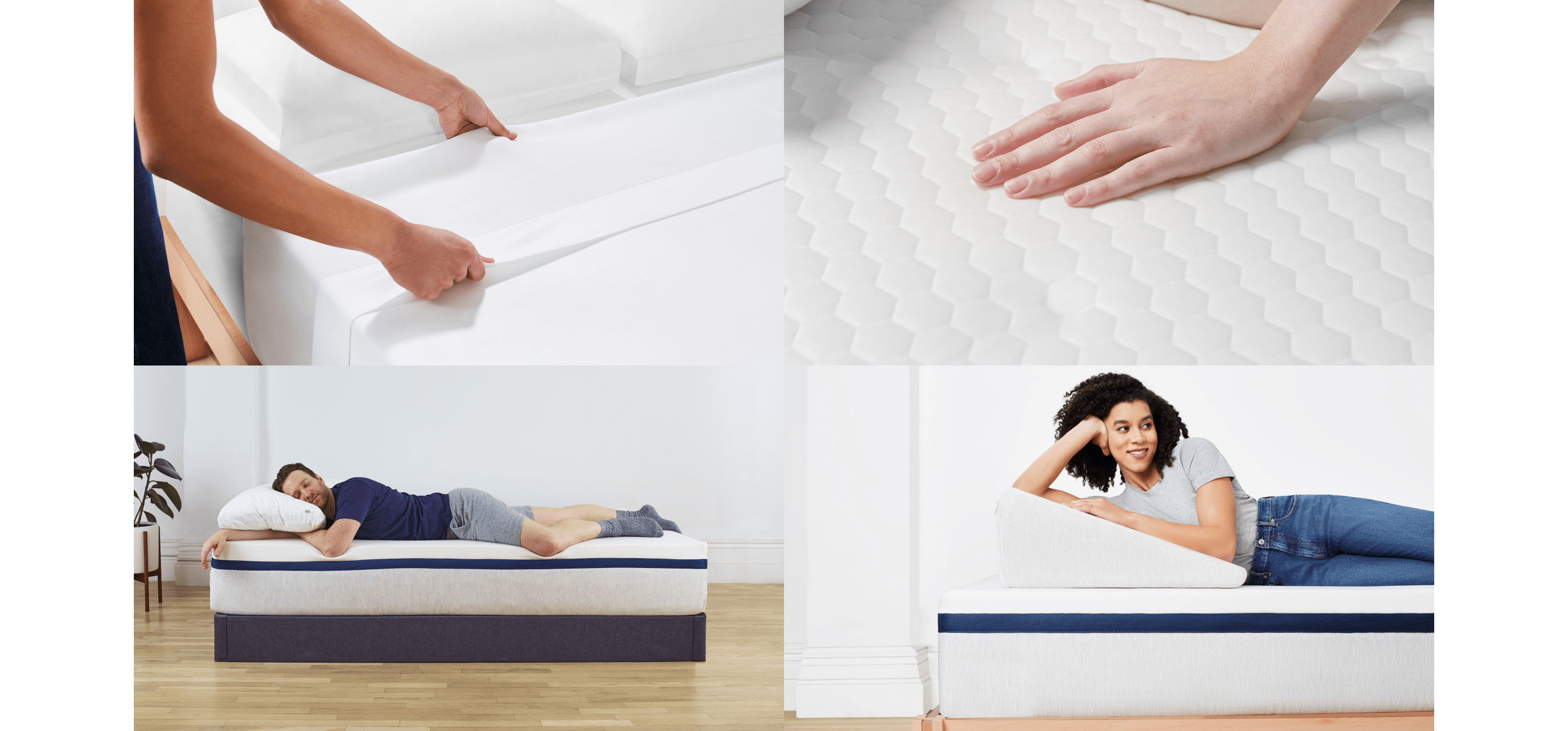 4 Image collage of Helix Sheets, Glaciotex, Helix Midnight Standard on Foundation, and Wedge pillow