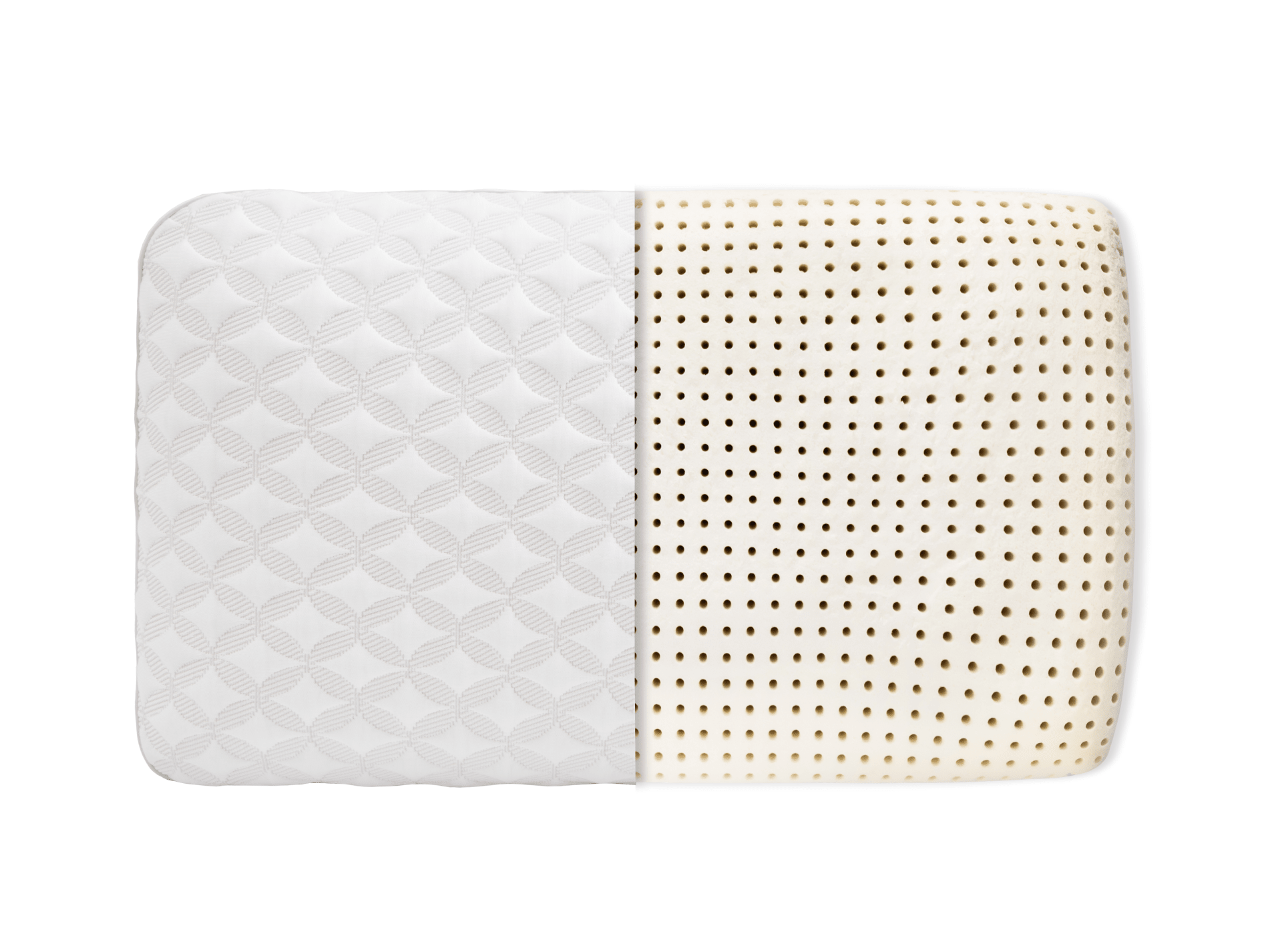 Talalay latex pillow with cover pulled back to show foam