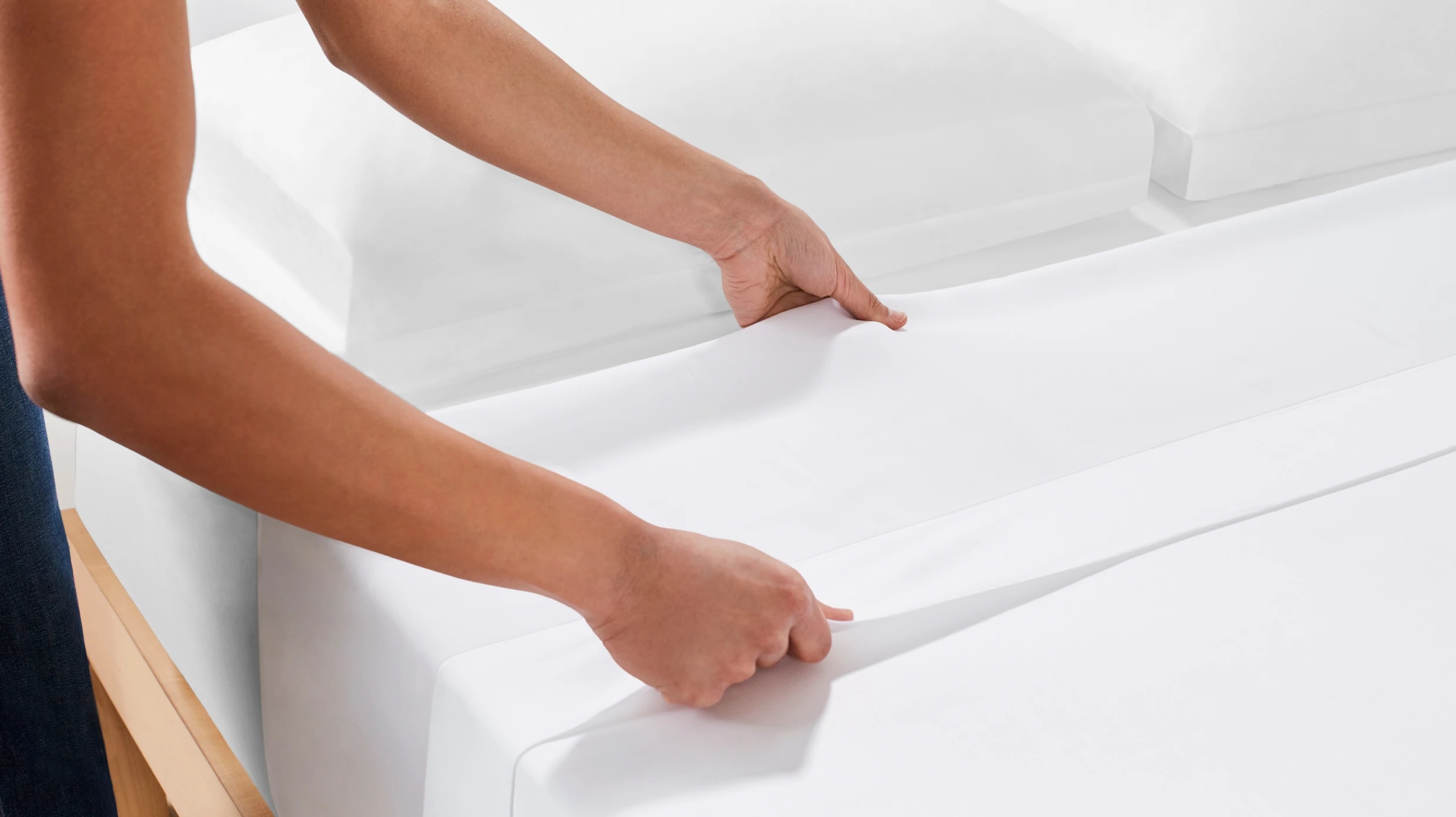 A lifestyle image showing a closeup of the Helix Cotton Blend Sheet Set
