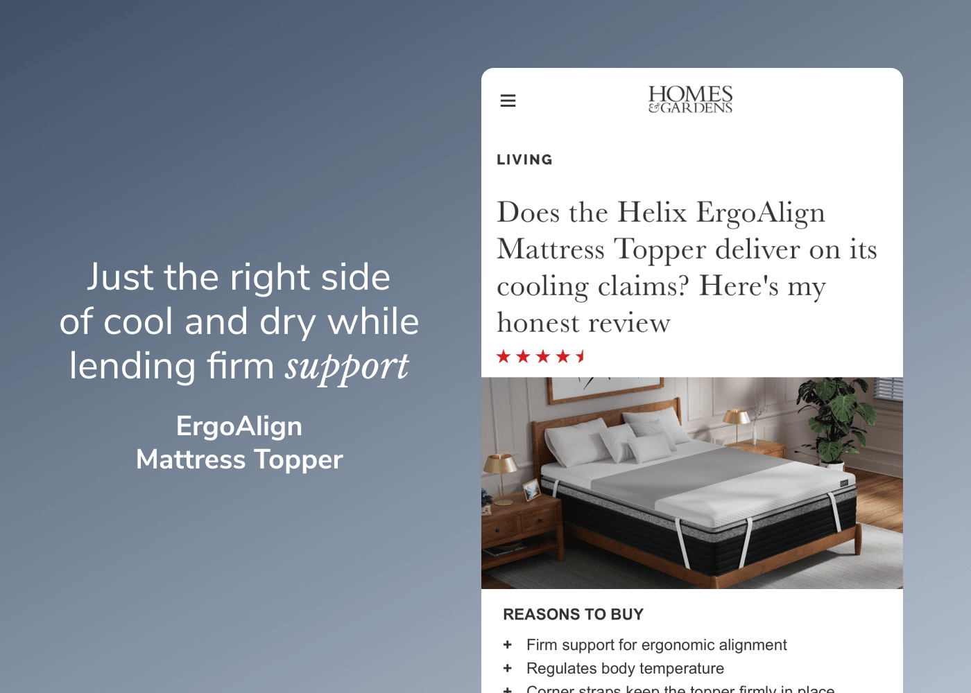 A graphic promoting the ErgoAlign Mattress Topper's appearance in Homes & Gardens