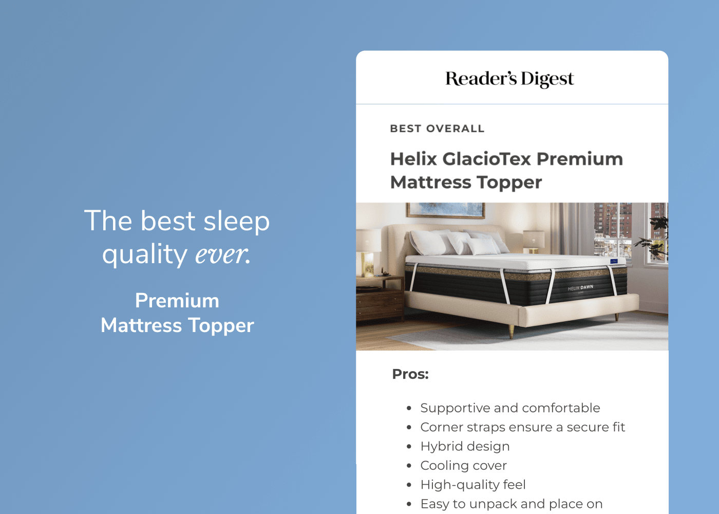 A graphic promoting the Premium Mattress Topper's appearance in Readers Digest