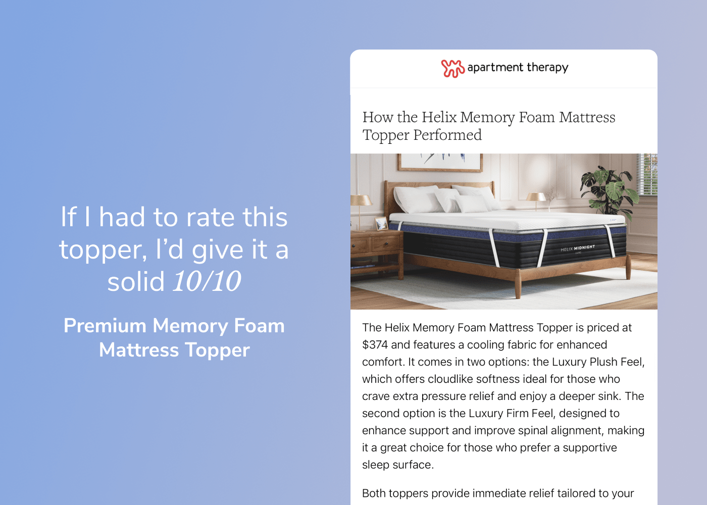 A graphic promoting the Premium Memory Foam Mattress Topper's appearance in Apartment Therapy