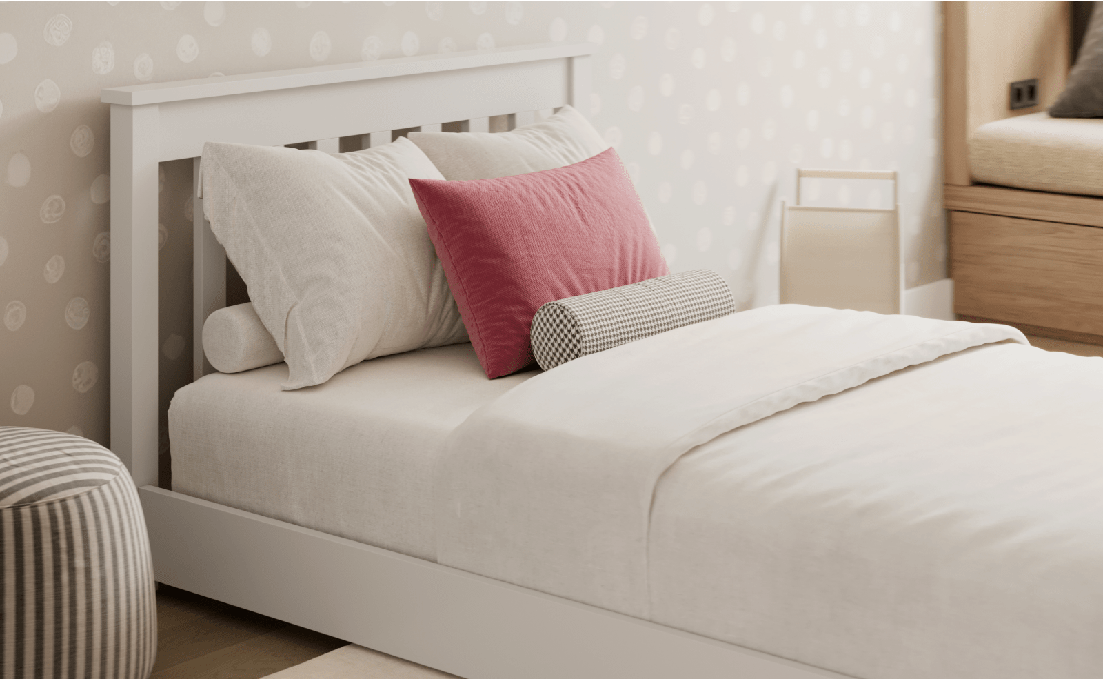 A rendered image showing the Bryant Bed Frame in a bedroom scene with bedding and pillows.