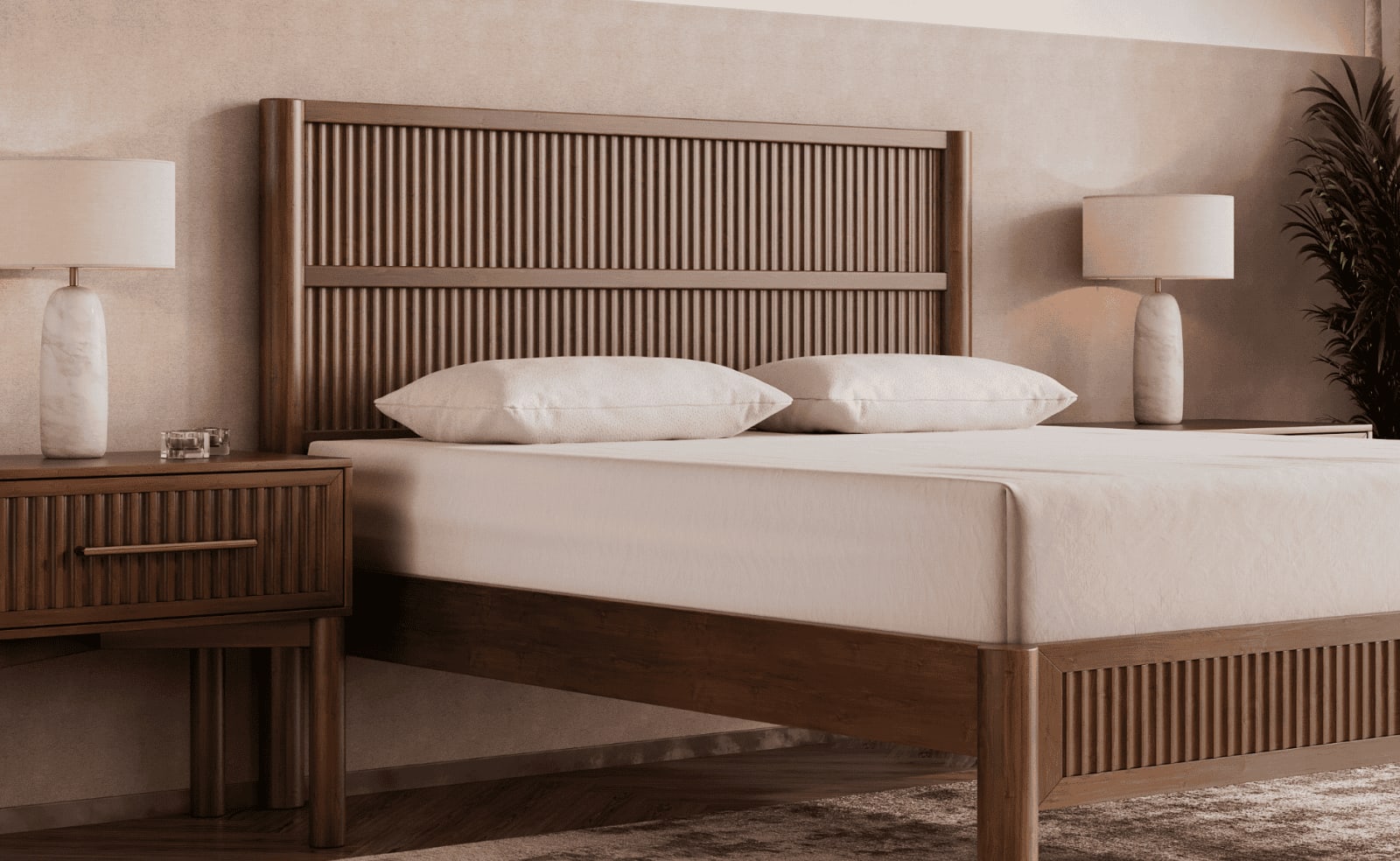 A rendered image of the Varick Bed Frame in a bedroom scene