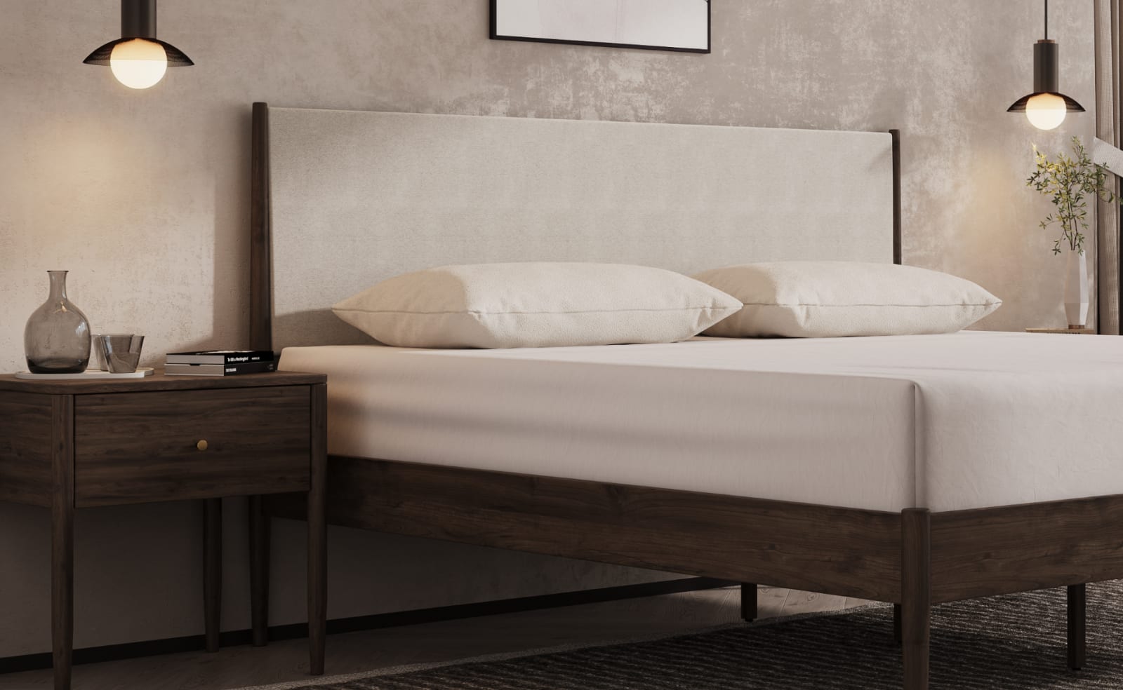 A render of the Waverly Bed Frame in a bedroom scene with a mattress on top