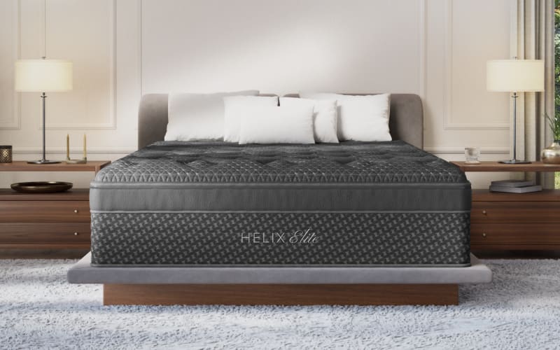 A rendered image of the Helix Elite mattress in a bedroom scene