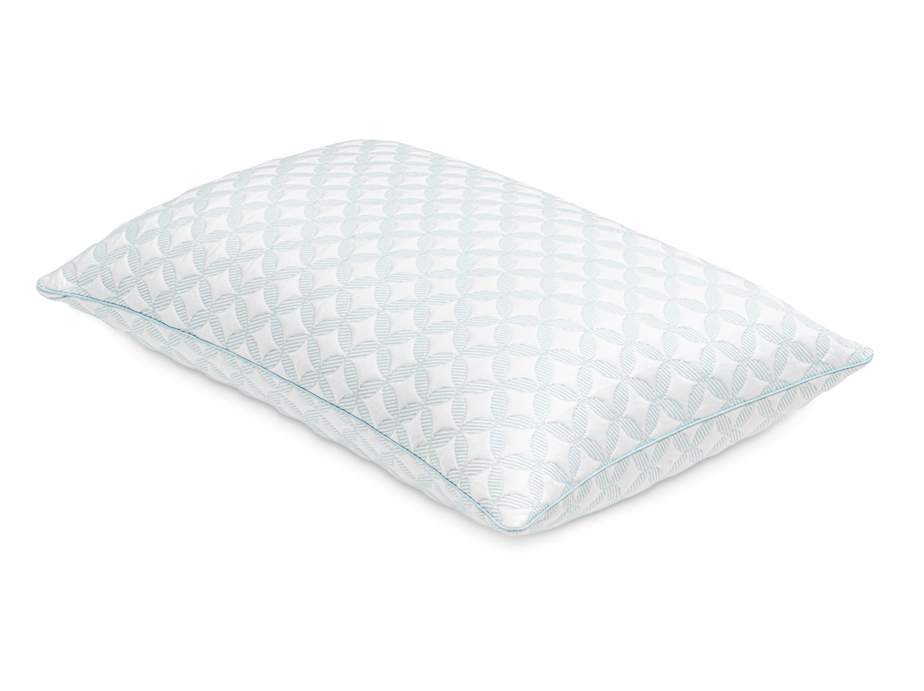 A rectangular pillow with a blue-and-white quilted cover is shown on a white background.