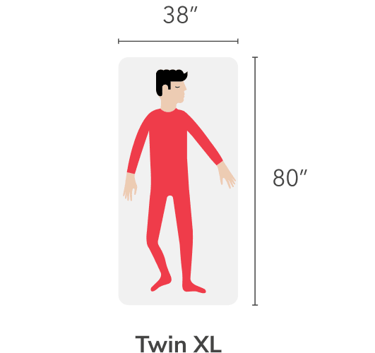 illustration of man laying in Twin XL bed. Measurements read 38" by 80"