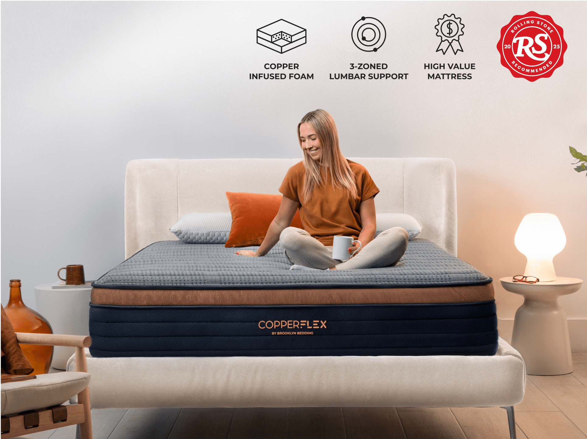 copperflex lifestyle with young woman sitting on bed
