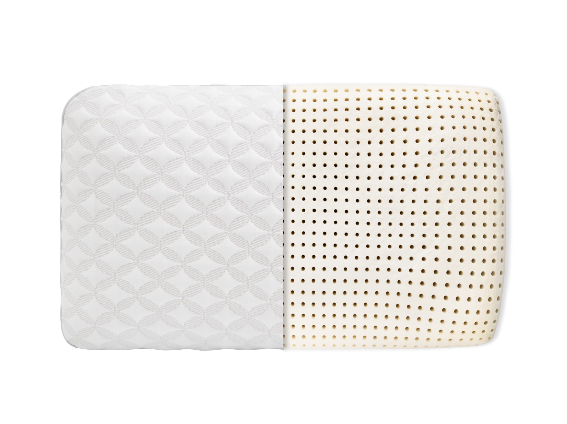 talalay latex pillow product with cover pulled back to reveal the latex foam