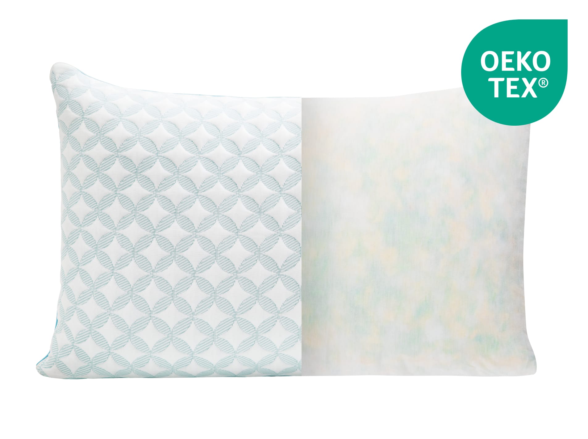 A cutaway view of the pillow is shown, with the left half displaying the quilted cover and the right half showing the white shredded foam fill. A green "OEKO-TEX®" badge is in the upper right corner.