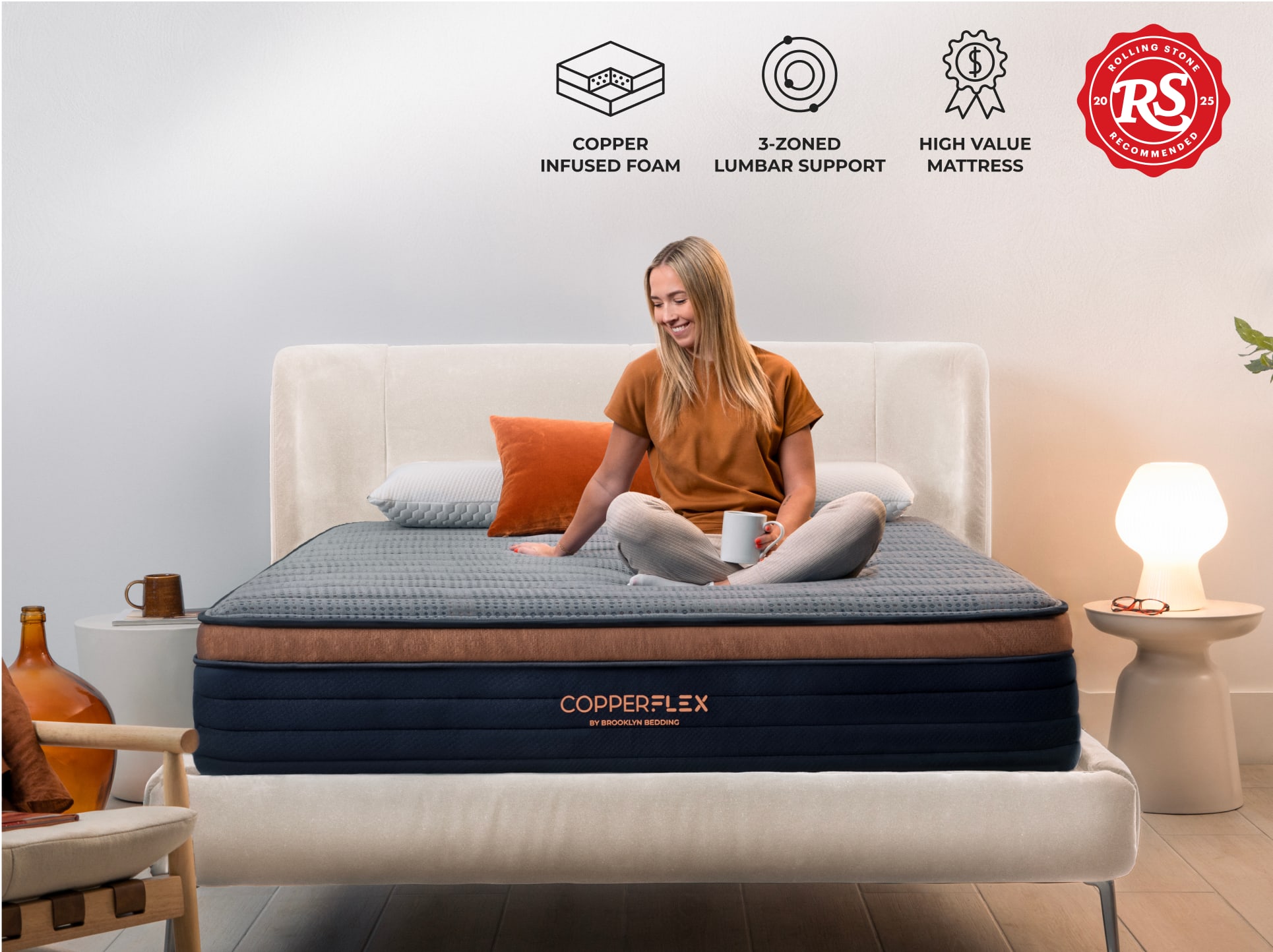 copperflex lifestyle with young woman sitting on bed