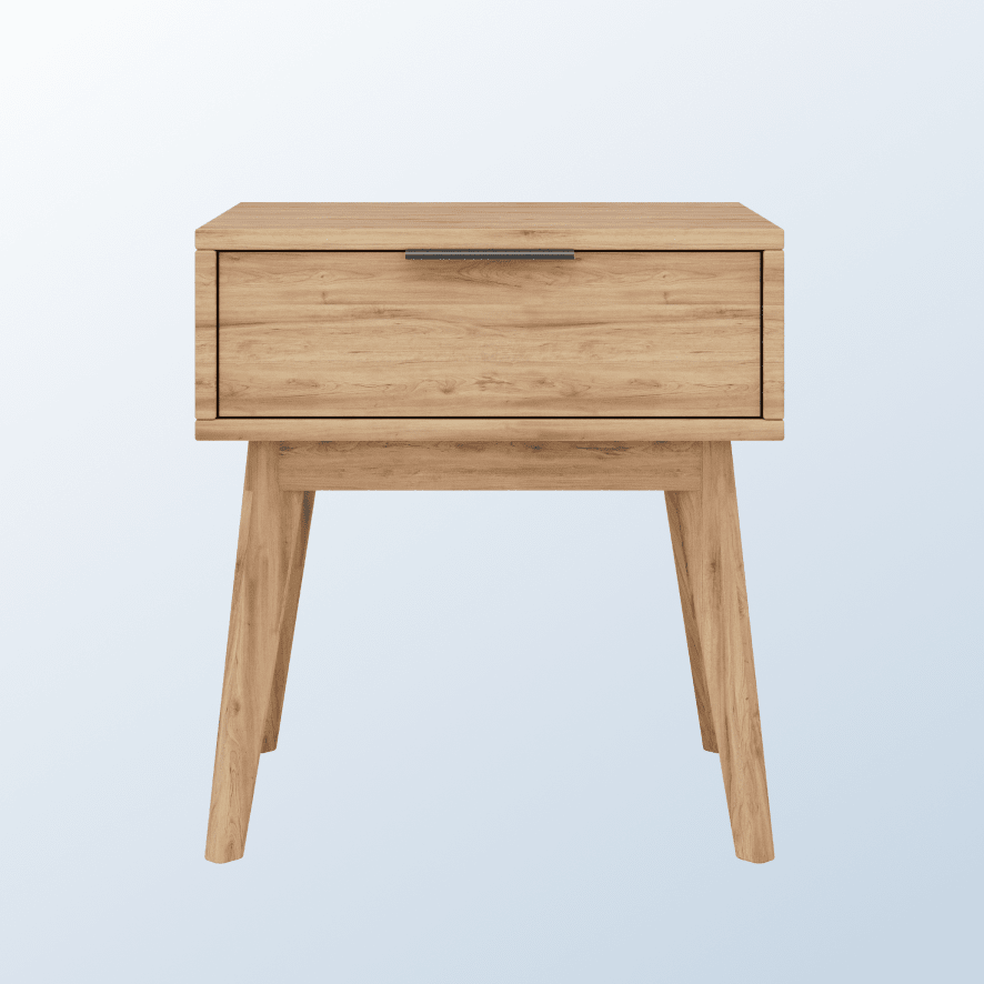 The Ludlow Nightstand in blonde on a blue gradient background
