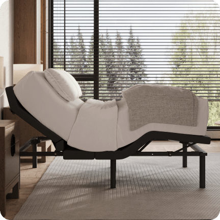 A rendered image of the Elite Adjustable Base in a bedroom scene