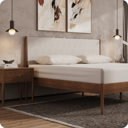 A rendered image of the Waverly Bed Frame in a bedroom scene