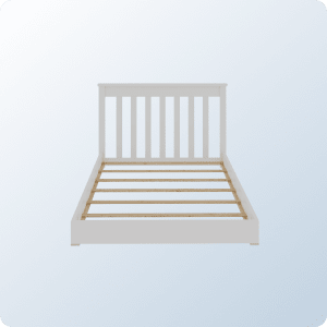 A product image of the Gramercy Bed Frame on a blue background gradient