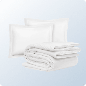 A product image of the Helix Duvet Cover Set on a blue background gradient