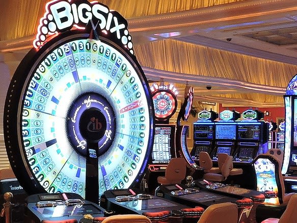 Inside the Paris Casino in Las Vegas, view of the slot machines at